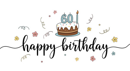 Whimsical 60th Birthday Cake Graphic with Flowers and Confetti