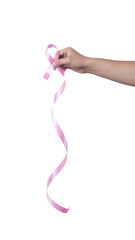 Man hand holding long curly pink ribbon as symbol of breast cancer awareness isolated on...