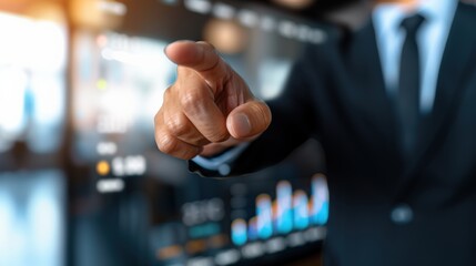 Business executive analyzing data trends in a modern office environment interactive display professional setting focused perspective