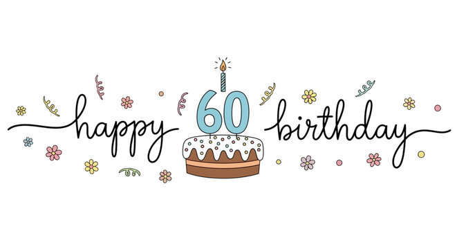 Whimsical 60th Birthday Cake with Candle and Floral Accents Illustration