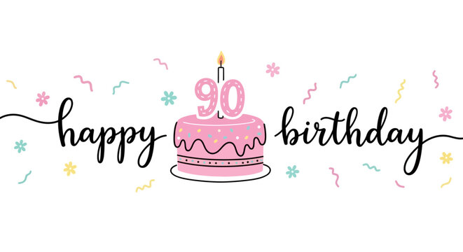 Whimsical 90th Birthday Cake with Candle and Sprinkles Illustration