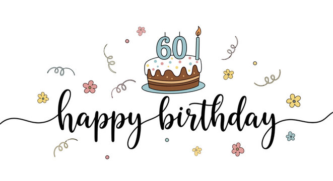 Whimsical 60th Birthday Cake Graphic with Flowers and Confetti