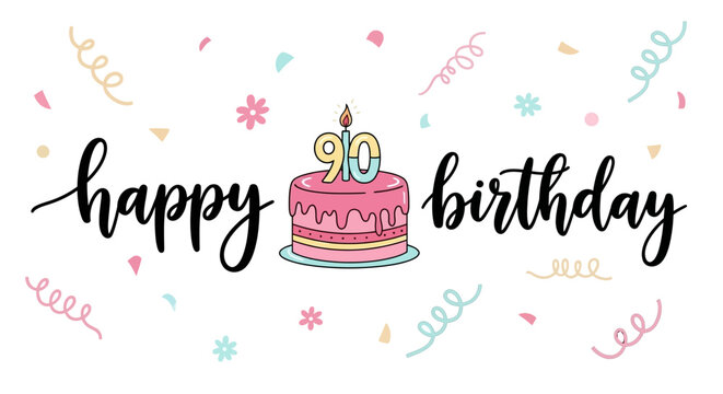 90th Birthday Cake with Candle and Confetti on White Background