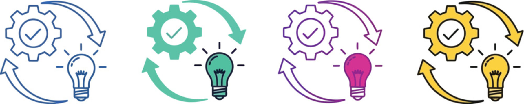 Four colorful idea generation cycles with gears and lightbulbs on white background