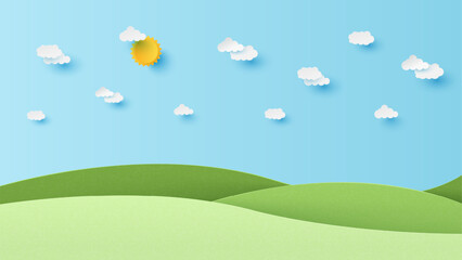 Landscape scenery with mountain and white cloud in summer blue sky background. Green landscape with blue sky