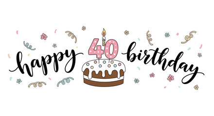 Happy 40th Birthday Illustration with Cake, Candles, Confetti, and Floral Accents