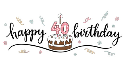 Happy 40th Birthday Cake Illustration: Pink Numbered Cake with Candle and Confetti