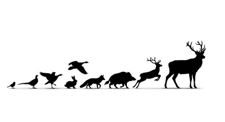 Silhouette of Diverse Wildlife Animals: Bird, Pheasant, Duck, Rabbit, Fox, Boar, Deer