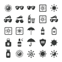 Collection of sun protection icons and symbols illustrating summer safety and weather elements