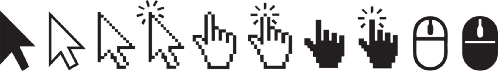Various mouse cursor and pointer icons isolated on white background