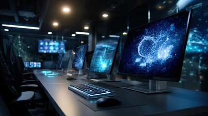 Modern Control Room with Multiple Computers Displaying Network Data