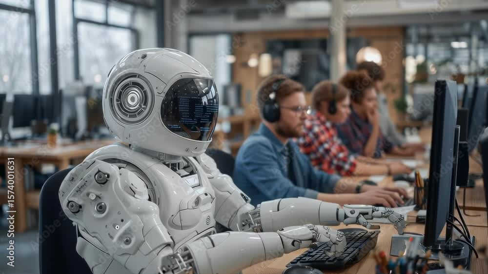 Poster a robot is sitting at a desk with a keyboard and a computer monitor. the robot is wearing a white he