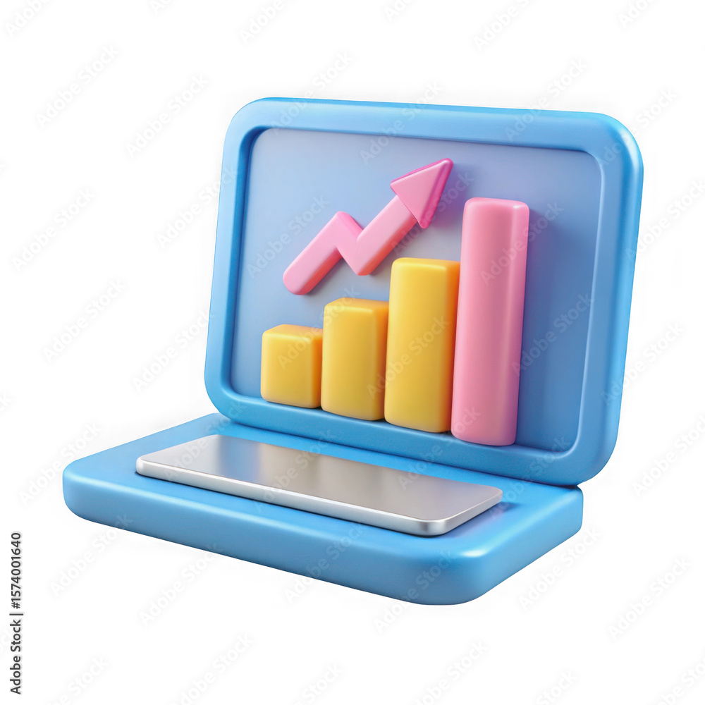 Poster 3d laptop displaying upward trend bar chart and arrow isolated on transparent background