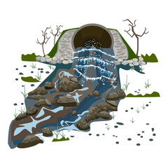 Water pollution from industrial pipes. Chemical waste flow pollution in nature. Dirty effluent discharge from pipe. Ecological damage. Environmental pollution. Pond contamination. Muddy swamp. Vector