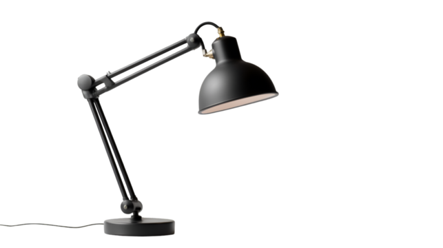 A black adjustable desk lamp with a conical shade and articulated arm on a dark background studio shot