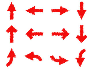 A set of dynamic red scribble arrows pointing in various directions, perfect for adding a grunge or hand-drawn feel to your designs, navigation, or infographics. PNG file included.