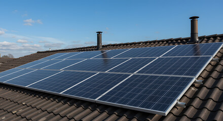 Solar Panels Installed on Tiled Residential Rooftop Under Clear Blue Sky