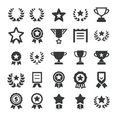 Collection of vector icons depicting awards, medals, trophies, and recognition symbols