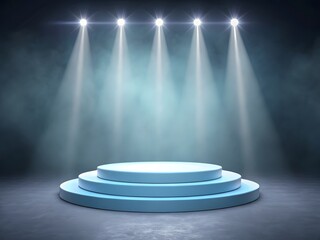 Empty tiered stage with bright spotlights and atmospheric smoke for presentations