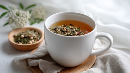 White Cup of Herbal Tea with Dried Herbs and Flowers