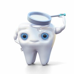 Dental check-up concept illustration with 3d cartoon tooth holding a magnifying glass, isolated on white.