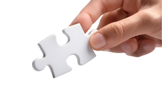 Hand holding a single puzzle piece, isolated on transparent background
