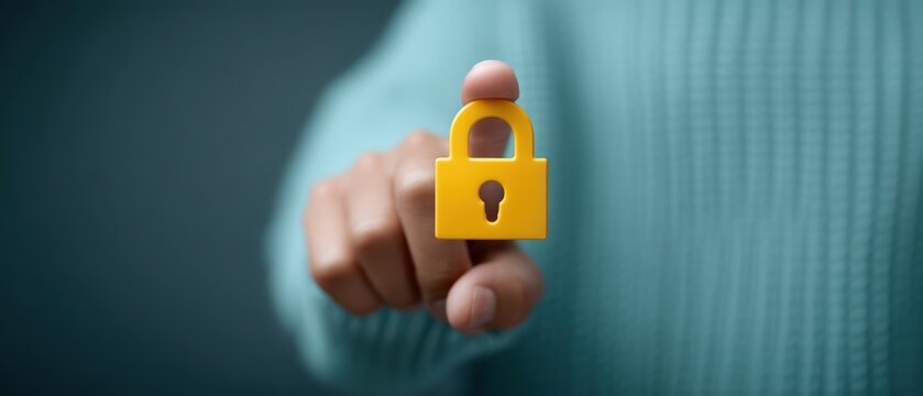 Securing data with a yellow padlock digital workspace image minimalist background focus on security concept - Powered by Adobe