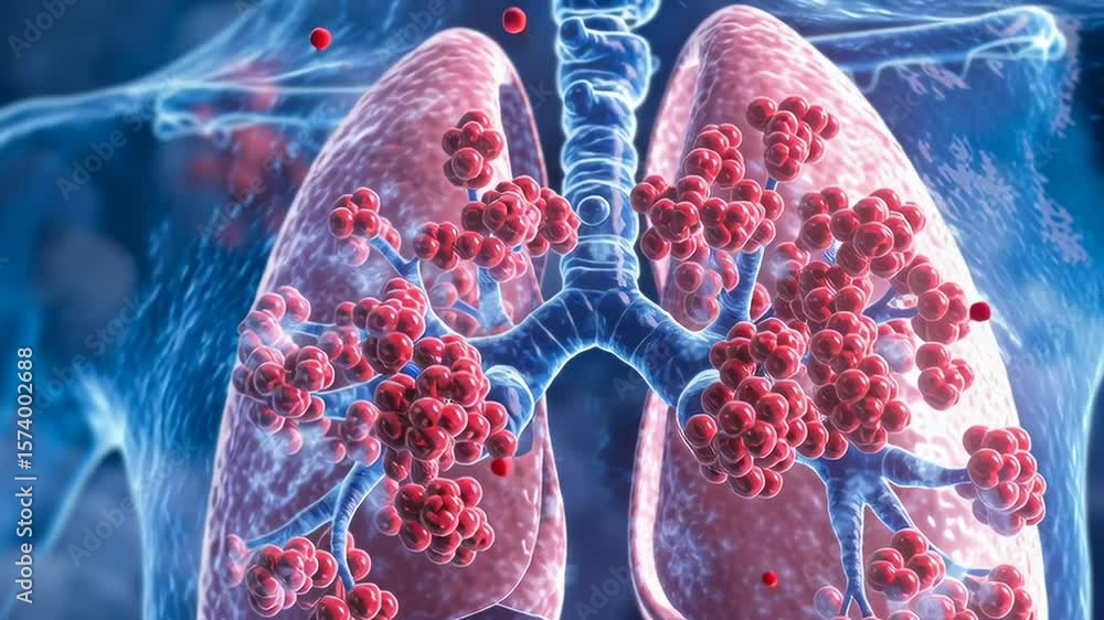 Poster a blue and red lung with a virus in it. the lung is shown in a 3d image
