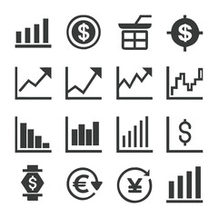 Financial icons and growth charts depicting currency and market analysis for business concepts