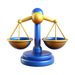 Stylized 3d rendering of a blue and gold balance scale isolated on transparent background