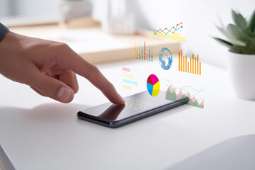 Mobile Data Analytics, Finger Tapping Smartphone with Holographic Charts & Graphs