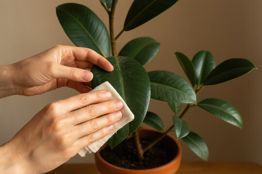 Plant Care Ritual: Close-up of hands gently cleaning the glossy leaves of a healthy rubber plant, symbolizing the mindful act of nurturing indoor flora.