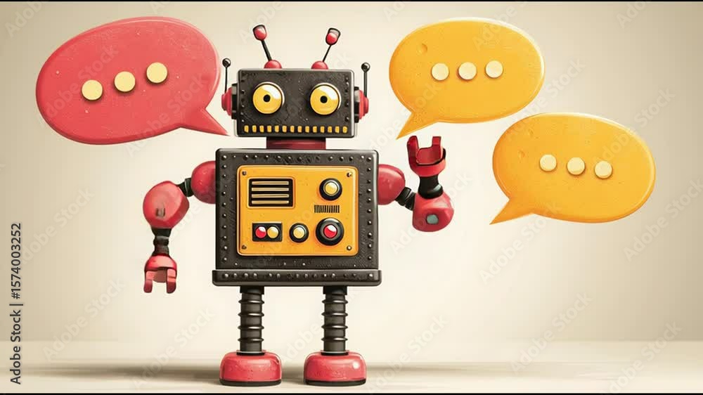 Poster robot with a speech bubble indicating interaction and communication in the field of cryptocurrency s