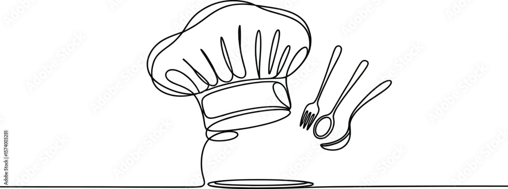 Poster chef's hat and utensils in single line art style with light and shadows on a white background scene