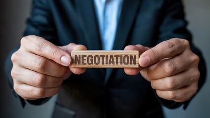 Businessman presents the concept of negotiation using a wooden block, highlighting collaboration, strategy, and resolution in the context of business dealings and communication.