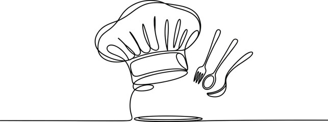 Chef's hat and utensils in single line art style with light and shadows on a white background scene