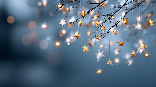Glimmering stars hang from a bare branch against a soft, blurred blue background, creating a magical, wintery scene