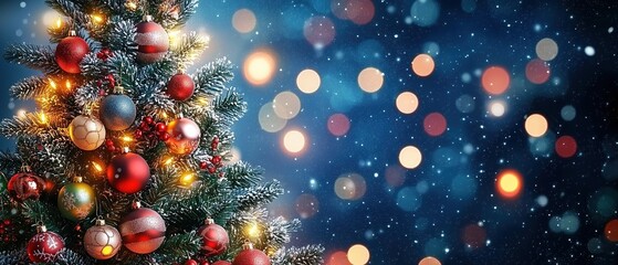 Decorated Christmas Tree on Dark Blue with Bokeh Lights, Festive Template for Card or Poster Featuring Text Space