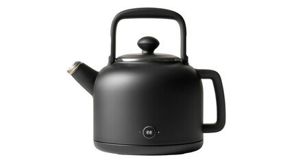 Obraz premium A matte black electric kettle with a spout handle and lid on a black background for kitchen use