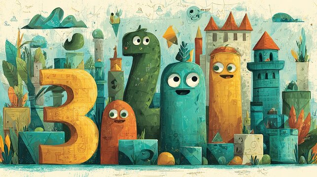  Playful number characters coming to life in a magical math kingdom, great for early numeracy books and counting games.