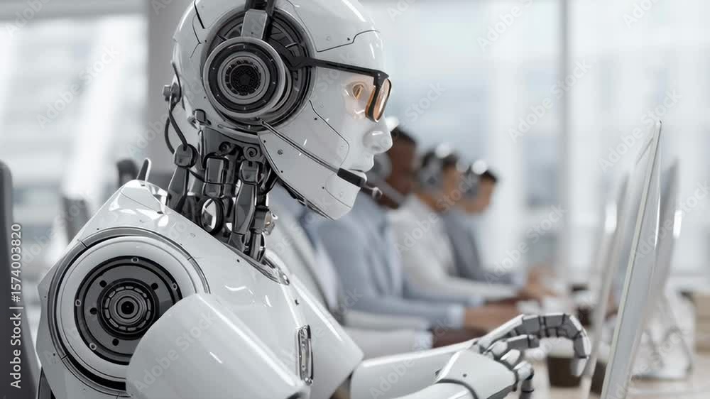 Poster a robot is sitting in front of a group of people in a room. the robot is wearing glasses and a heads