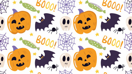 Spooky Halloween seamless pattern with cute cartoon pumpkins, bats, and ghosts for a fun holiday background design