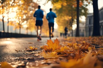 Obraz premium Autumn park path with people running and walking among colorful trees and fallen leaves