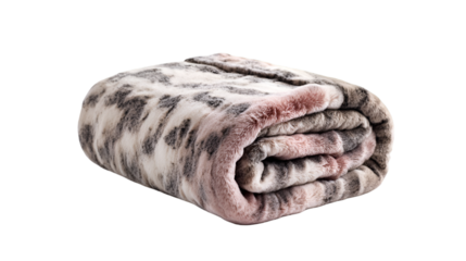 A folded plush blanket with a white and gray spotted pattern and pink trim on a black background