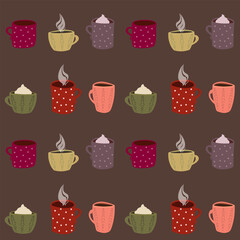 Seamless vector pattern of cozy cartoon mugs with steam and whipped cream in various colors on a dark brown background. Perfect for warm beverage themes and winter decor.