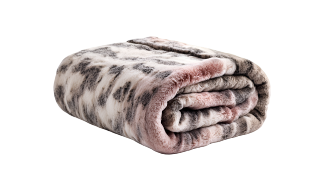 A folded plush blanket with a white and gray spotted pattern and pink trim on a black background