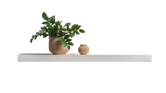 A white shelf with a plant in a pot and a small vase against a black background in a studio shot