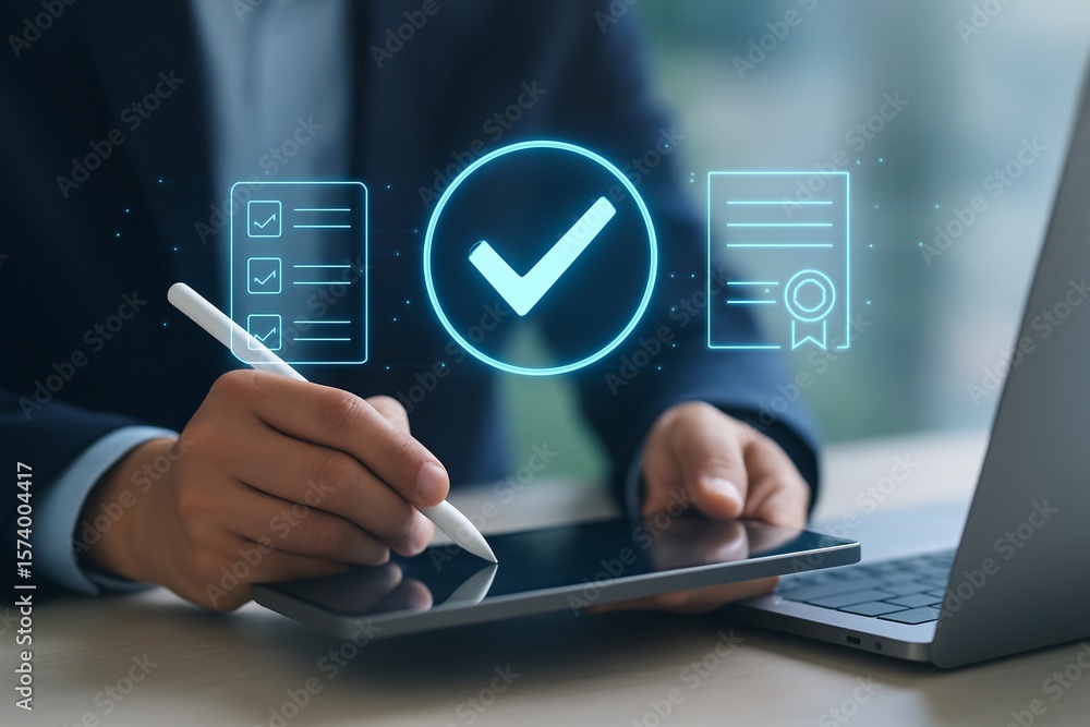 Poster person using a stylus on a tablet with digital icons for approval and checklist