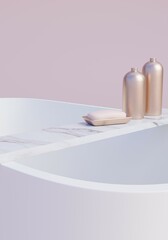 Elegant Luxury Bathtub details isolated on pastel pink background. Copy space for product display. Wellness, Beauty, Relax Spa, Bathroom Product. Vertical illustration. Minimal 3d render.