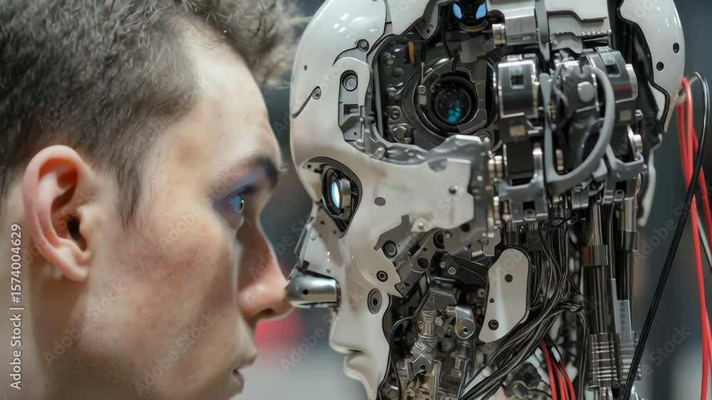 Poster a man looks at a robot with a surprised expression. the robot has a human-like face and is made of m